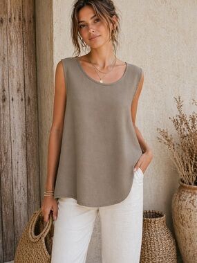 Rhea Linen Cotton Tank Blouse S/M Taupe Boho Minimalist Lightweight NWT